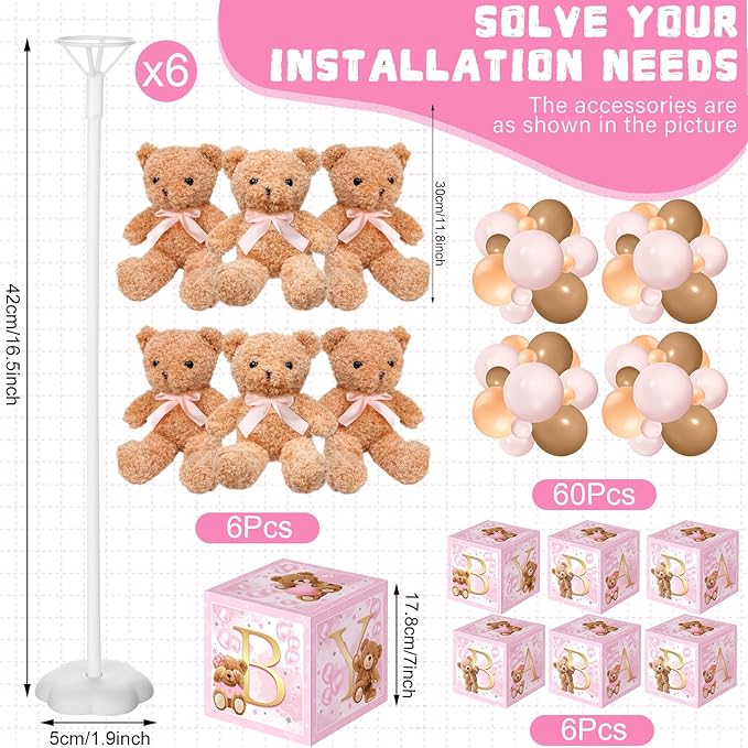 Lenwen 6 Sets Baby Letter Boxes Decorations Table Centerpieces for Baby Shower Gender Reveal,Bear Stuffed Animals Balloon with Stand Plush Toy Boxes for Birthday Party Wedding(Bear,Pink)