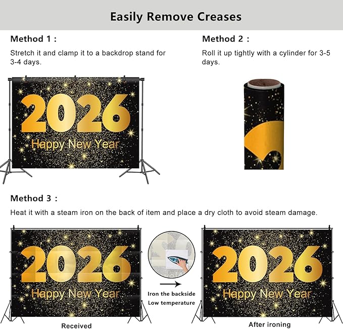 YongFoto 2026 Happy New Year Backdrop 12x10ft Gold Photography Background Merry Christmas Night Festival Carnival Family Celebration Party Banquet Decor Banner Photoshoot Wallpaper Photo Booth