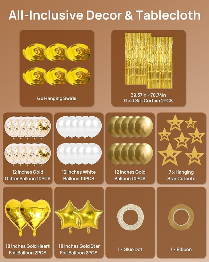 Feagar 175PCS Disposable Plates Set for 25 - Elegant Gold Dinnerware for Party, Wedding, Holiday & Birthday, Includes Dinner & Dessert Plates, Cutlery, Cups, Napkins, Tablecloth & Balloon Decor