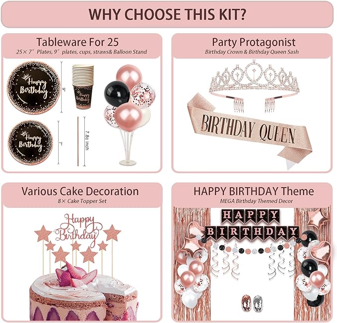 Birthday Decorations For Women, 229 Pcs Rose Gold and Black Happy Birthday Supplies - Disposable Dinnerware Set with 25 Guest, Balloons, Sash, Tiara, Banner, Fringe Curtain, Photo Booth Props