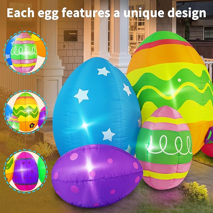 7FT Easter Inflatables Outdoor Decorations Giant Easter Eggs, Bright LED Lights Colorful Easter Blow Up Decor for Yard Indoor Outside Party Home Lawn Garden Porch Holiday