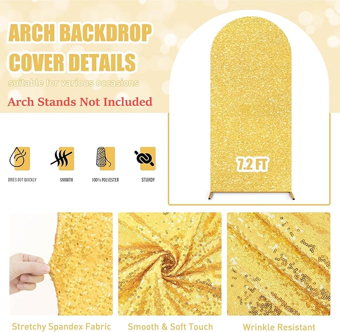 FUHSY Gold Arch Cover 7.2FT Seuqin Arch Backdrop Stand Cover Chiara Arches Covers Fabric Party Arched Stand Covers 2-Sided Metallic Backdrop Panels for Happy Birthday Balloon Decor
