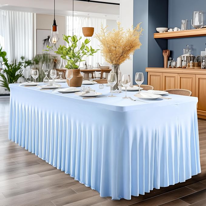 2 Packs Baby Blue Table Clothes for 4 Foot Rectangle Tables, One-Piece Wrinkle Resistant Stretch Spandex Table Covers with Skirt for Event Banquet Wedding Birthday Party