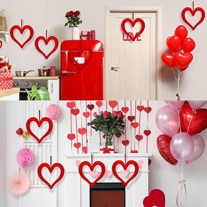 Aneco 6 Pieces Valentine‘s Day 3D Velvet Heart Hanging Ornament 9.45 Inch Foam Heart Wreaths for Valentine‘s Day Wedding Anniversary Front Door Home Decor, Red