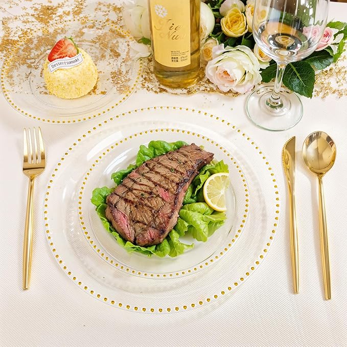 Rubtlamp 60Pcs Clear Gold Plastic Plates, Clear Disposable Plates With Gold Beaded, Heavyduty Plastic Plates Include 30 Dessert Platos, 30 Dinner Platos for Wedding Party