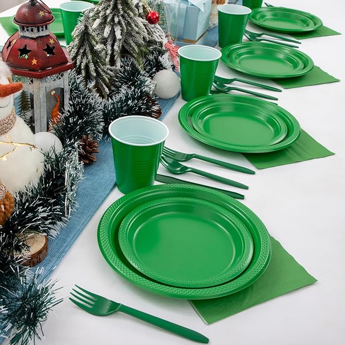 MirthMood 350pcs Green Plastic Plates, green Plates Set, Including Green Disposable Plates and Napkins, Plastic Cutlery and 12OZ Cups, Serve 50 Guests for Party & Wedding