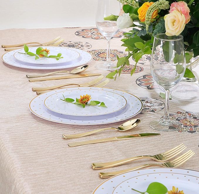 supernal 200pcs Gold Plastic Plates,Disposable Plates For Parties,Disposable Gold Plastic Silverware 40 Dinner Plates,40 Salald Plates,40 Knives,40 Forks,40 Spoons,Perfect for Birthday,Party,Wedding
