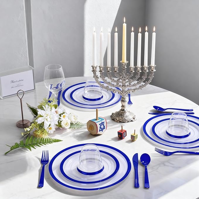 I00000 210 Pcs Dark Blue Plastic Plates, Clear Disposable Plates for 30 Guests, Blue Dinnerware Include 30 Dinner Plates 30 Dessert Plates, 30 Cups, 30 Pre Rolled Napkins with Cutlery Set for Party