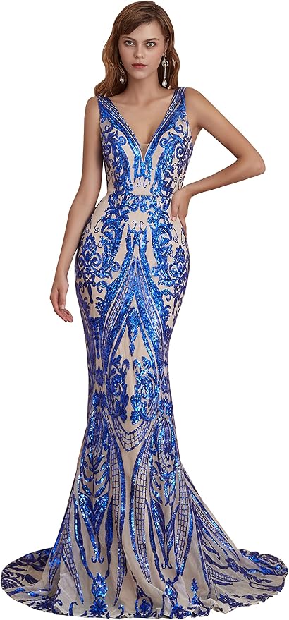 Women's Double V-Neck Sequins Lace-up Mermaid Evening Dress