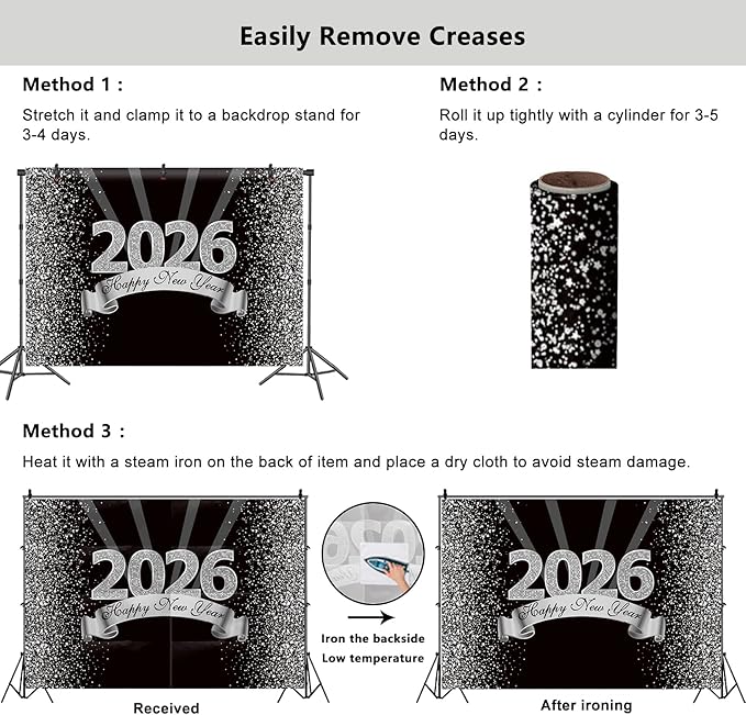 YongFoto 2026 Happy New Year Backdrop 10x6.5ft Black Silver Photography Background Merry Christmas Night Festival Carnival Celebration Party Banquet Decor Banner Photoshoot Wallpaper Photo Booth