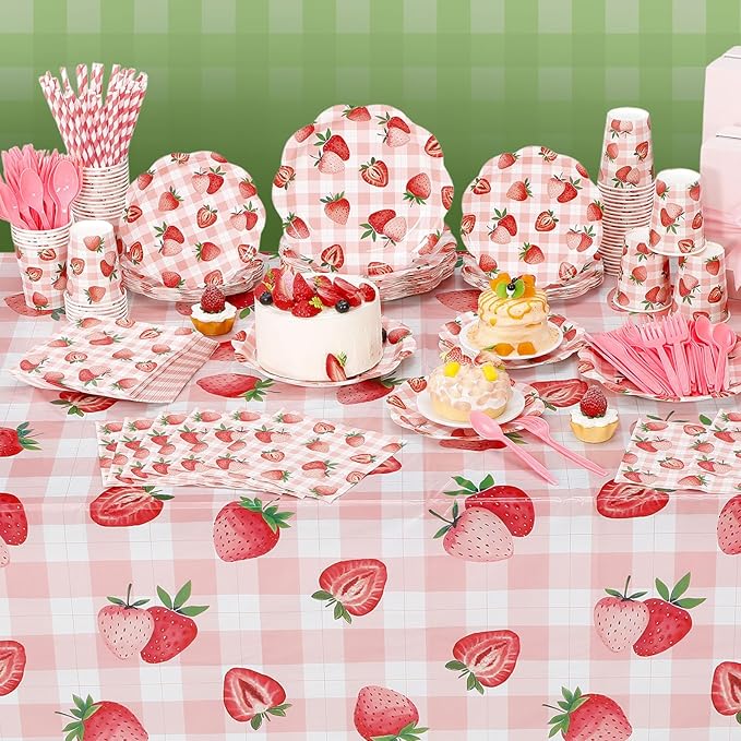 452 Pcs Strawberry Birthday Party Decorations for 50, Strawberry Paper Plates Napkins Cups Tablecloth Cutlery Straws for Berry First Birthday Wedding Baby Shower Party Supplies