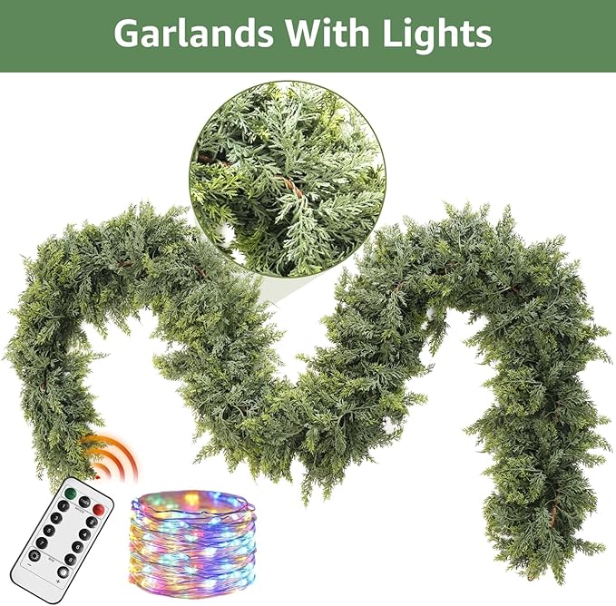 Cedar Christmas Garland for Mantle - Decorations with Lights 9ft Realistic Lighted Faux Pine Garlands for Xmas Home Decoration Indoor Stairs Railing Fireplace Outdoor 9 ft Prelit Garland Door Decor