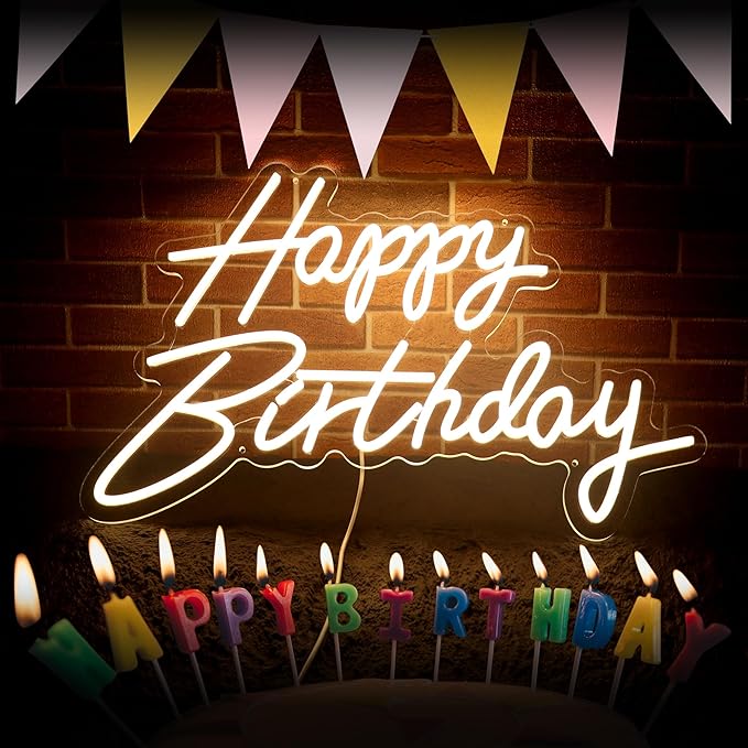 Happy Birthday Neon Sign for Party Backdrop Wall Decor LED Happy Birthday Light Up Sign Banner for Party Decorations LED Sign Teen Bedroom Reunion Decoration Gifts Photo Prop USB 21.7x13.8 Inch (warm white)