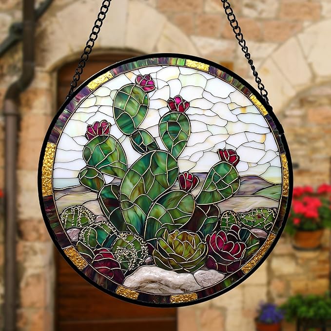 Stained Glass Window Hanging,Green Cactus Purple Flowers Suncatcher Diamond Glass Panel Sun Catchers Decor for Birthday for Women, Men, Wife, Aunt, and Mom 11.8x11.8 in