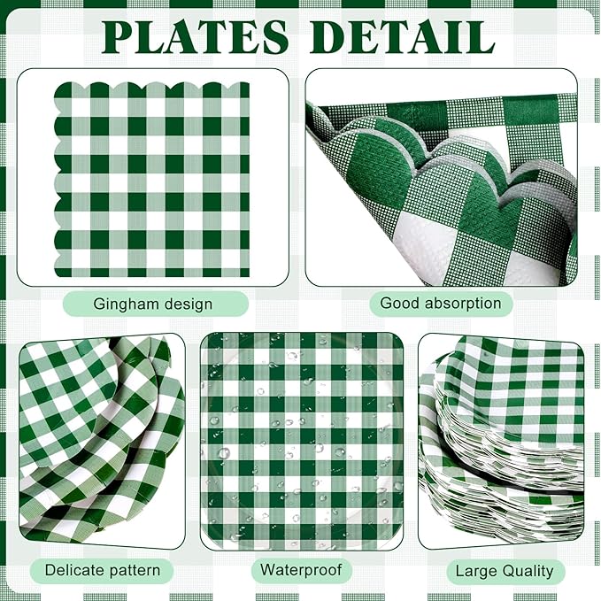 452 Pcs Green Gingham Party Supplies for 50, Dark Green Plaid Checkered Paper Plates Napkins Cups Tablecloth Cutlery Straws for Holiday Birthday Baby Shower Party Decoration