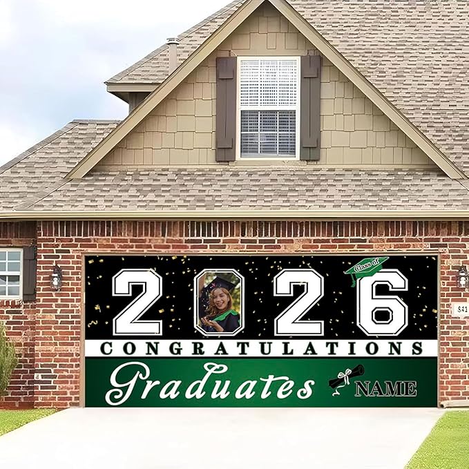 Custom Graduation Garage Door Banner Decoration 7x16ft with Photo Congrats Garage Door Cover 2026 Party Photo Booth Backdrop Party Supplies(Dark Green)
