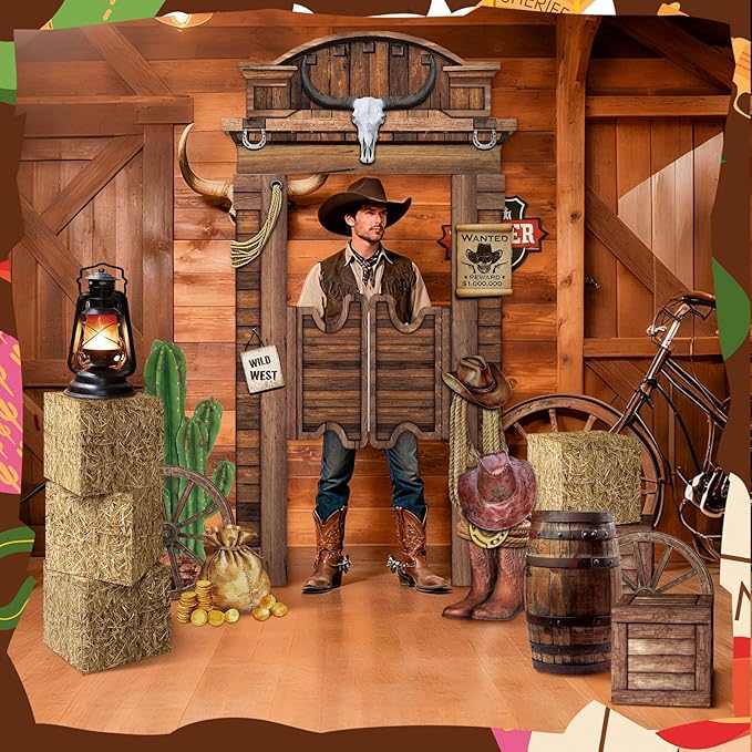15 Pcs Western Cowboy Party Decorations Cowboy Backdrop 4 Hay Bales Boxes 2 Wooden Print Boxes 2 Wooden Wagon Wheels 5 Western Centerpieces for Photo Booth Props Cowgirl Birthday