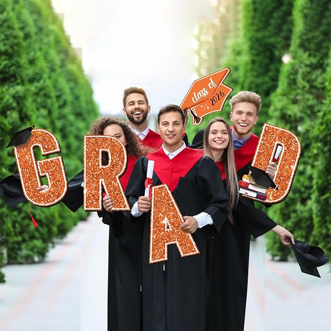 Aneco Waterproof 2026 Grad Yard Signs Plastic Graduation Yard Signs Party Outdoor Lawn Decorations 16 Inches Glitter Congrats Grad Lawn Sign with Stakes for Outdoor Party Garden Decor (Orange)