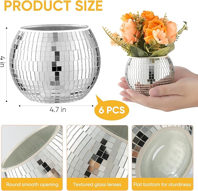 6 Pcs Disco Ball Vase Disco Ball Planter for Centerpieces Disco Ball Decor Flower Vase with Silver Mirror Glass for Wedding, Birthday, Party (4" X 4.7")