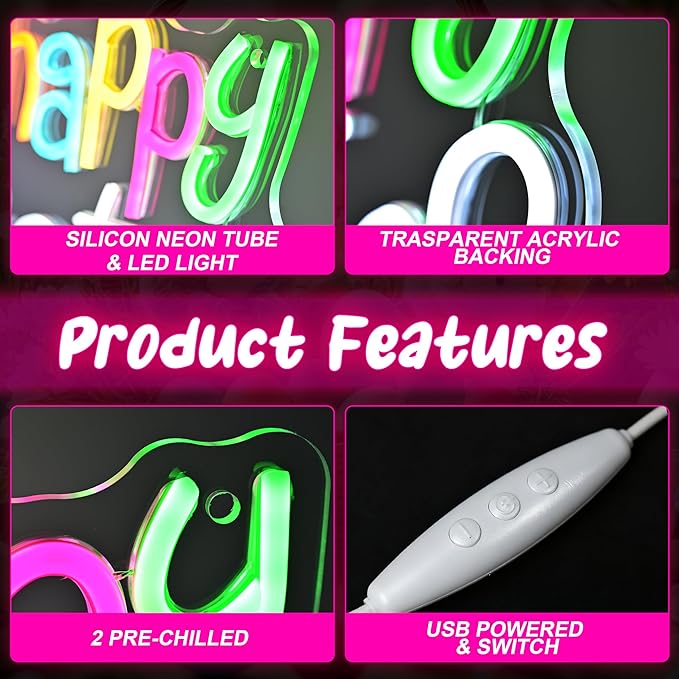 Happy Easter Led Neon Sign, Cute Bunny Ear Light Up Sign, Easter Home Wall Decor for Bedroom, Bar, Window, Spring Party Gifts
