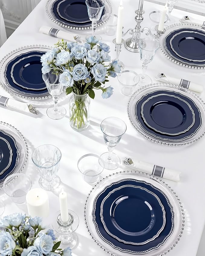 Hioasis 175pcs Blue Silver Plastic Plates - Silver Plastic Dinnerware Set Includes 25 Dinner Plates, 25 Dessert Dinnerware, 25 Cups, 25 Napkins Perfect for Wedding & Party