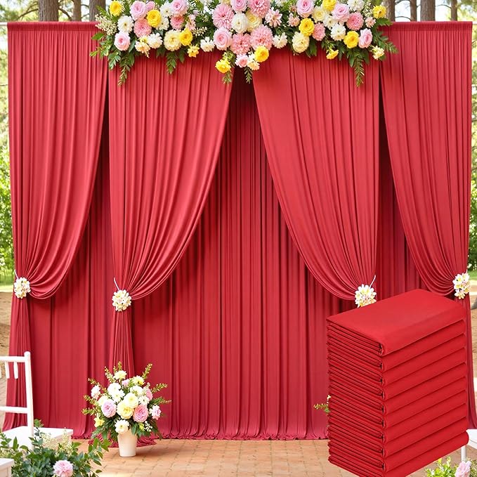 50ft x 15ft Red Wrinkle Free Backdrop Curtains for Parties,Silky Polyester Fabric Wedding Ceiling Drapes, 10 Panels 15ft Photo Back Drop Drapes for Baby Shower Photography Stage Background Cloth
