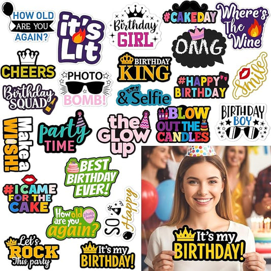 24 Pcs Birthday Photo Booth Props Single Sided 11.8" Photo Booth Props Birthday Parties Decorations Set DIY Water Proof Selfie Signs PVC Printing for Party Businesses