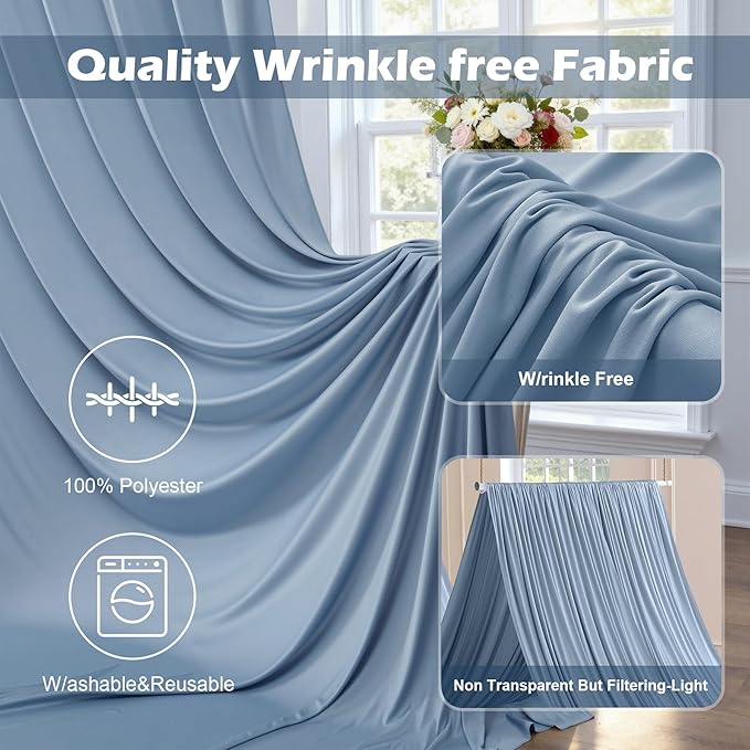 50ft x 10ft Wrinkle Free Dusty Blue Backdrop Curtain for Parties, 10 Panels 5x10ft Silky Polyester Backdrop Drapes Photo Back Drop Cloth for Wedding Birthday Baby Shower Photography Background
