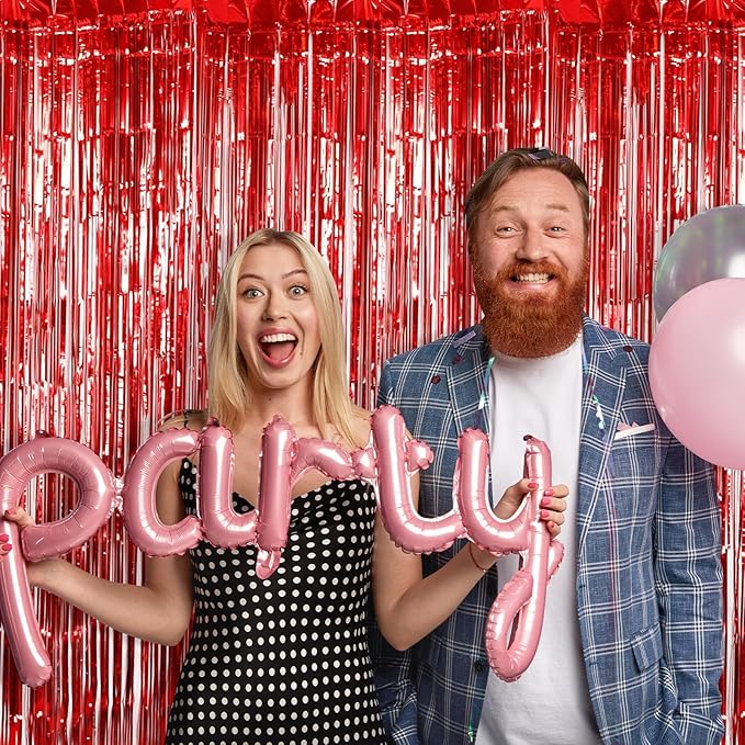 20 Pack Red Foil Fringe Curtains 3.2ft x 9.8ft Black Foil Curtain Backdrop Metallic Tinsel Curtains Streamer Photo Booth Backdrop for Birthday Party Engagement Bachelorette Party Decorations