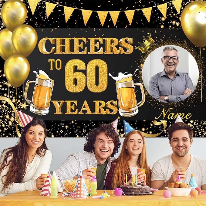 Custom 30/35/40/45/50/55/60/65/70/75/80/85/90/95/100th Black and Gold Happy Birthday Party Decorations Supplies Personalized Black and Gold Birthday Backdrop Banner(5x7.5ft)