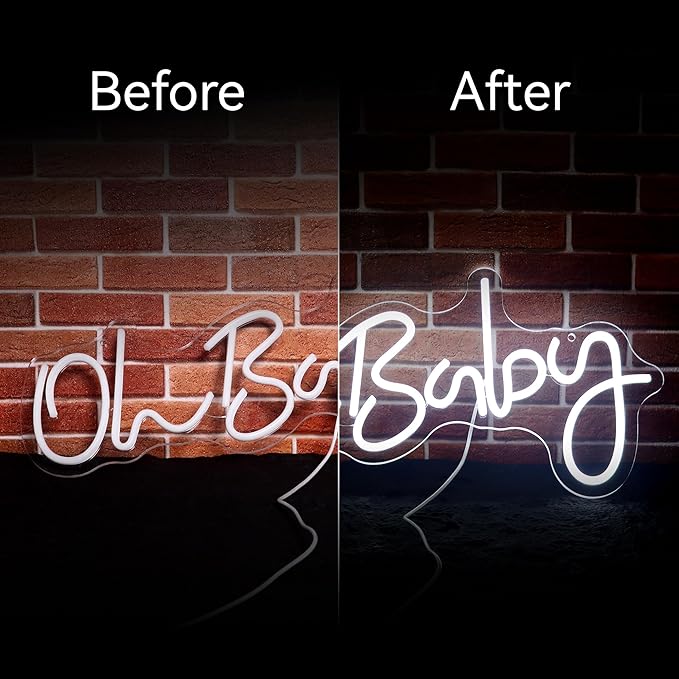 HMT Oh Baby Neon Sign for Backdrop Wall Decor Large Size 19.6×8.6 Inch LED Neon Lights for Baby Shower Decorations Boy and Girl Room Decor LED Light Up Sign for Party Decorations Photo Prop USB (White)