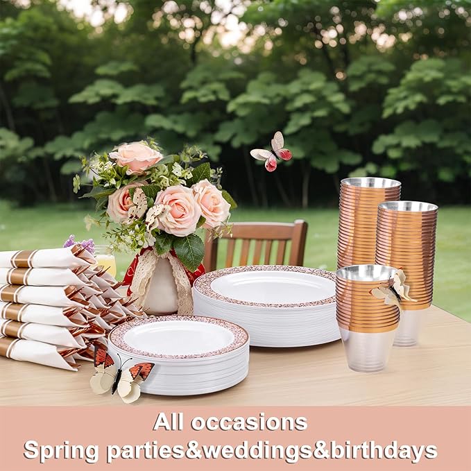 WELLIFE 350 PCS Rose Gold Disposable Dinnerware Set for 50 Guests, Disposable Rose Gold Lace Plates, Include:50 Dinner Plate, 50 Dessert Plates, 50 Pre Rolled Napkins with Silverware and 50 Cups