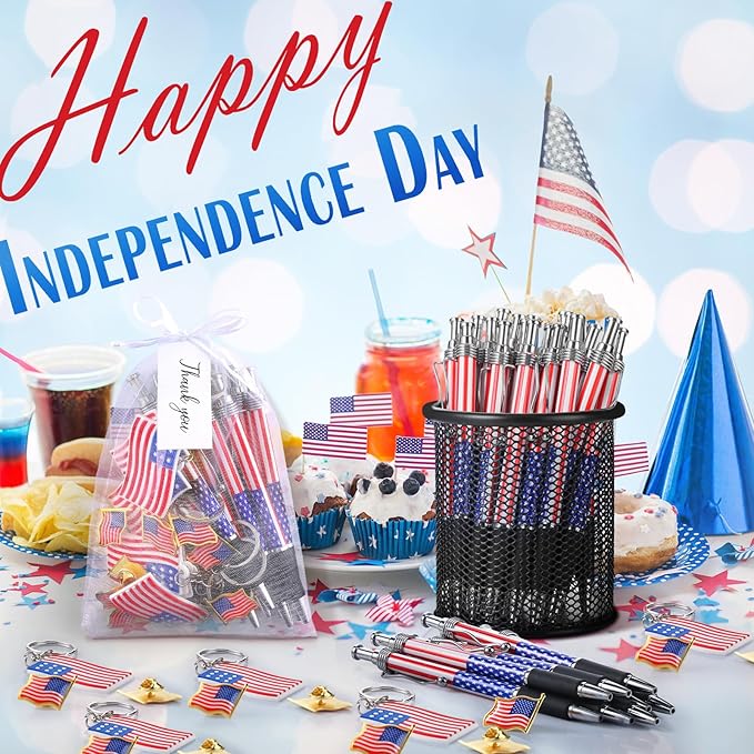 Qilery 400 Pcs American Flag Lapel Pins Ballpoint Pen Patriotic Flag Keychains Thank You Card Organza Gift Bag for Home Office Party Supplies