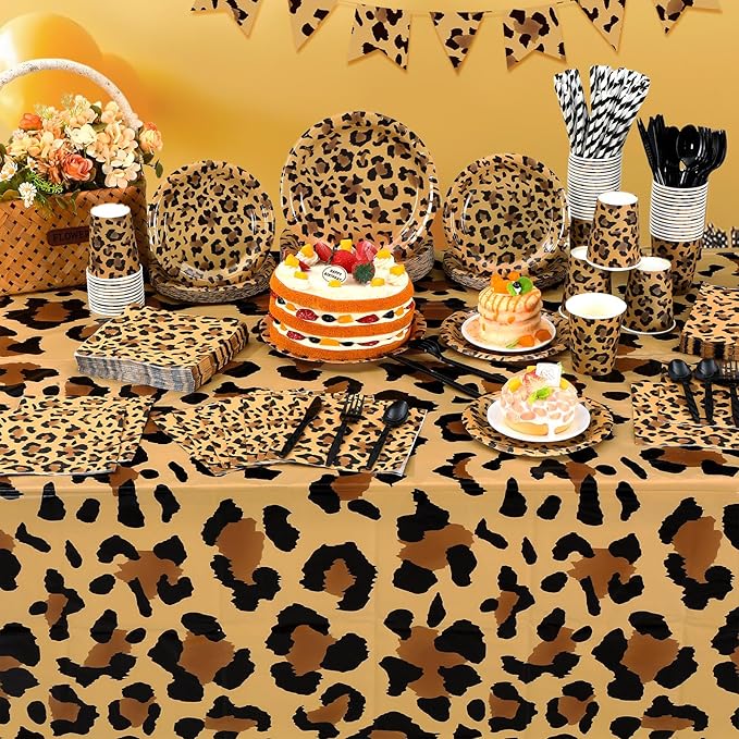 452 Pcs Leopard Print Party Decoration, Cheetah Print Paper Plates Napkins Cups Tablecloth Cutlery Straws for Jungle Safari Animal Theme Birthday Baby Shower Party Supplies Serve 50