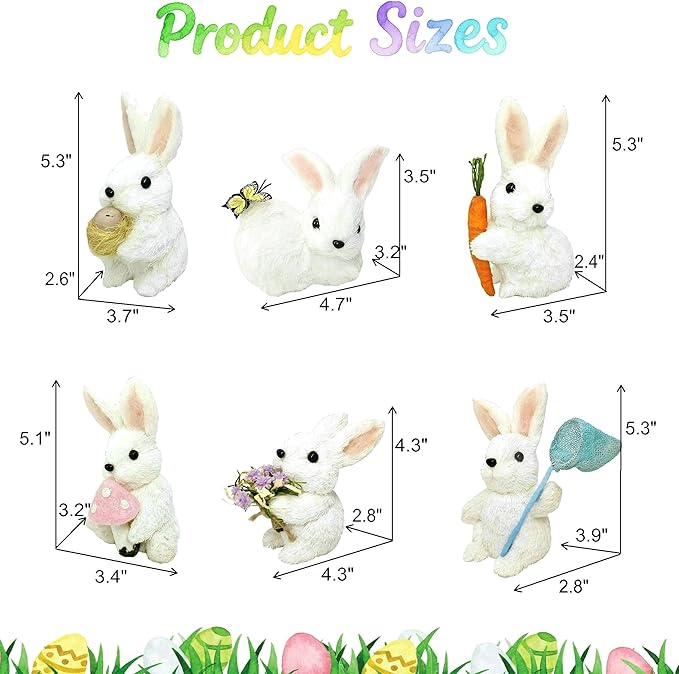 naturevibe Sisal Easter Bunny Decor,Set of 6 White Baby Bunnies for Easter Decorations or Seasonal Parties,Cute Rabbit Figurines as Decorative Farm Animals for Spring Decor