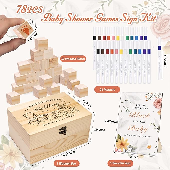 78 PCS Baby Shower Games Sign Kit for Boys Girls, Wooden Box and Sign, Blank Wooden Blocks for DIY Drawing, Markers, Baby Shower Game for Gender Reveal Activity, Baby Shower Ideas Decorations, Bear A