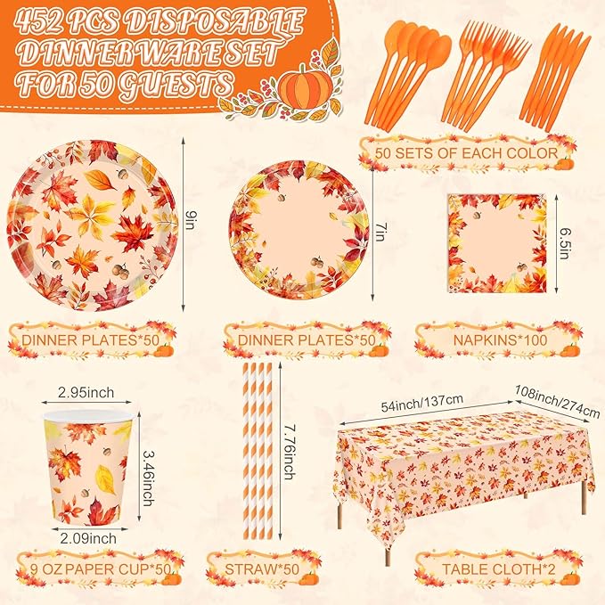 452 Pcs Thanksgiving Fall Party Decorations, Maple Leaves Thanksgiving Paper Plates Napkins Cups Tablecloth Cutlery Straws for Autumn Fall Theme Birthday Holiday Party Supplies, Serves 50