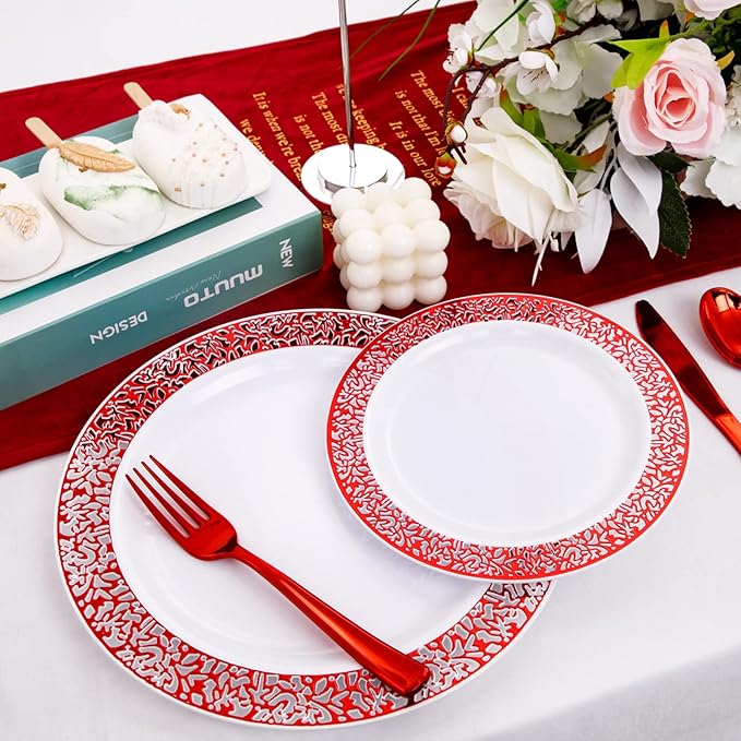 U-QE 150PCS Red Plastic Plates with Red Plastic Silverware, Red Disposable Plates Include 30 Dinner Plates 10.25", 30 Salad Plates 7.5",30 Forks,30 Knives,30 Spoons Perfect for Valentine's Day