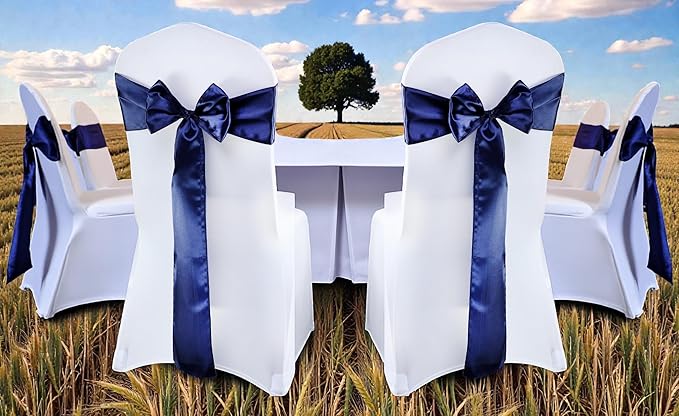 VDS Satin Chair Sashes Chair Cover Back Tie Sateen Bows Ribbon for Wedding Birthday Graduation Engagement Ceremony Event Party Banquet Venue Hotel All Dining Chair Decoration (100PC) (Navy Blue)