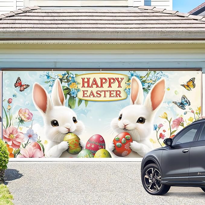 Happy Easter Garage Door Banner 7x16FT, Cute Bunny & Easter Eggs Garage Door Cover, Outdoor Spring Holiday Decoration for Garage, Front Yard, and Parties