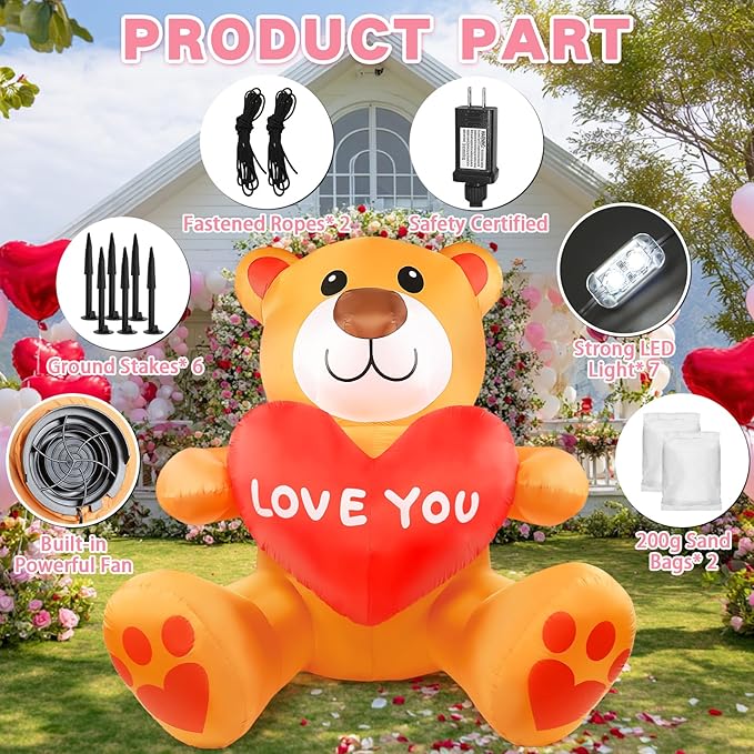 Valentines Inflatables Outdoor Decorations, 7 FT Blow up Valentine's Day Big Bear Yard Decor with Red Heart, Built-in LED Lights Valentine Holiday Decorations for Outside Lawn Garden Wedding Indoor