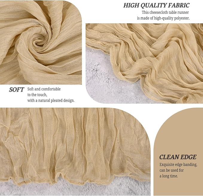 24 Pack Beige Cheesecloth Table Runner 120 inch Fall Thanksgiving Boho Rustic Gauze Farmhouse 10FT Cheese Cloth Runner for Baby Shower Wedding Party Holiday Home Decor