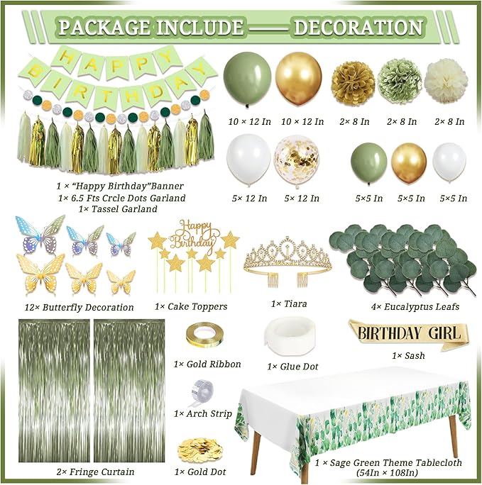 287 Pcs Birthday Decorations for Women, Sage Green Happy Birthday Decor Supplies - Banner, Balloon, Tiara, Sash, Tableware with Sage Green for 50 Guests