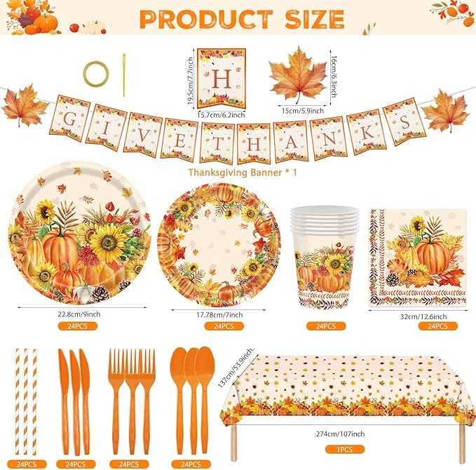 194Pcs Thanksgiving Disposable Dinnerware Tableware,Thanksgiving Paper Plates and Napkins Sets-Fall Thanksgivings Party Supplies with Tablecloth & Banner & Cups for Fall Party Decor, Serves 24
