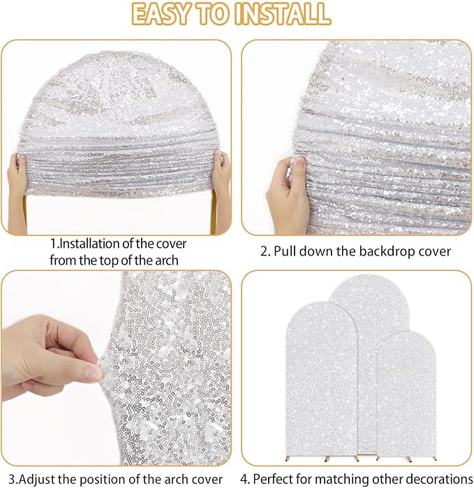 FUHSY Silver Arch Cover Set of 3 Arch Backdrop Cover 7.2FT/6.6FT/6FT Sparkle Sequin Chiara Backdrop Covers Spandex Wedding Arch Stand Covers for Party Birthday Banquet Ceremony Graduation Decor