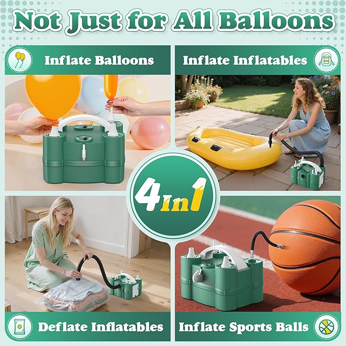 LooLaa Balloon Pump 4-in-1 Electric Balloon Inflator with Triple Inflating Ports for All Balloons Air Filler Machine for Sports Balls Inflator Deflator for Inflatables