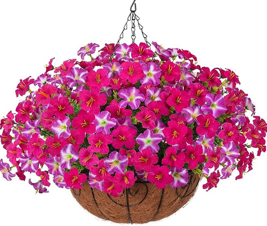 INSPRING Artificial Hanging Flowers for Outdoors Baskets Fake Plants Spring Decoration, UV Resistant Faux Silk Morning Glory in Planter Look Real for Outside Patio Porch Balcony Garden Home Decor