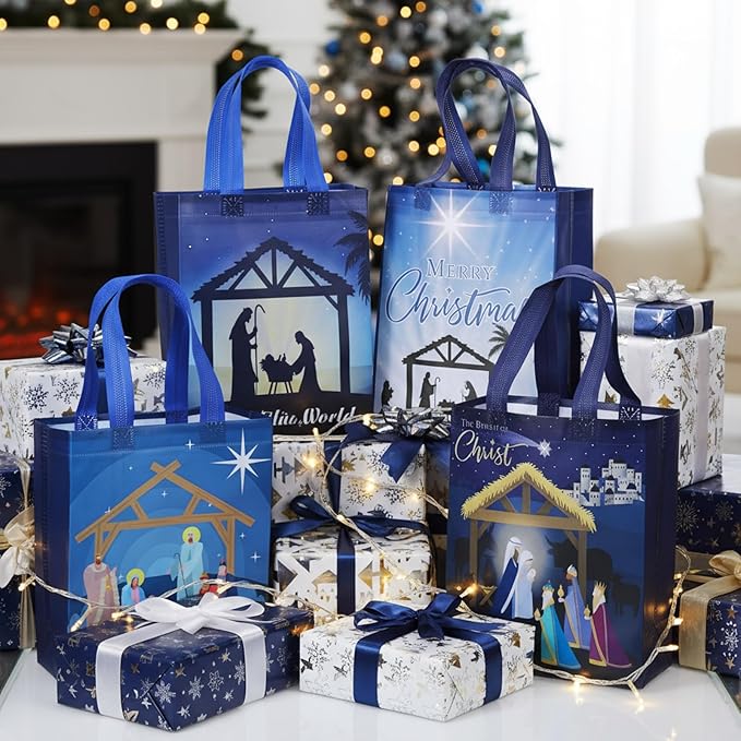 Wesnoy 48 Pcs Nativity Christmas Gift Bags Bulk 10 x 8 x 4 Inch Reusable Non Woven Jesus Goodie Bags with Handles- Large Christian Candy Treat Totes for Religious Holy Night Holiday Party Favor