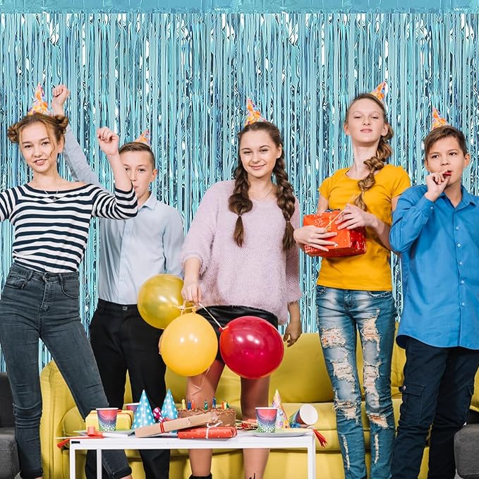 30 Pack Light Blue Foil Fringe Curtain Backdrop, 3.3x8.2 Feet Metallic Tinsel Streamer Curtains Photo Booth Props for Baby Shower/Bachelorette/Graduation/Birthday/Ocean Theme Party Decorations