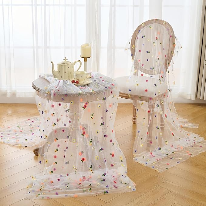 6PCS Lvory Floral Table Runner 10 FT, Embroidery Daisy Table Runners Seasonal Spring Summer Sheer Tulle Dining Table Decor for Home Party Birthday Decor 29x120 Inch ﻿
